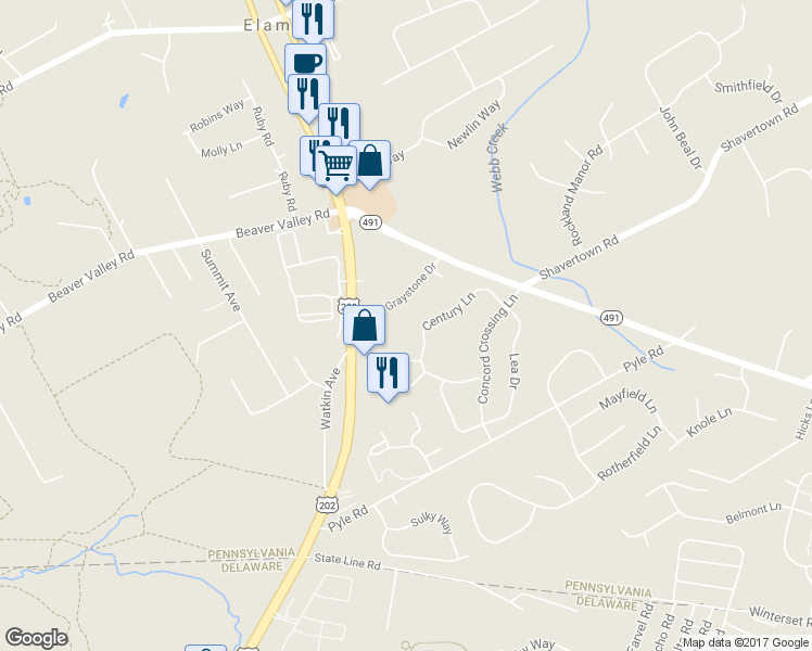map of restaurants, bars, coffee shops, grocery stores, and more near 2802 Century Lane in Chadds Ford