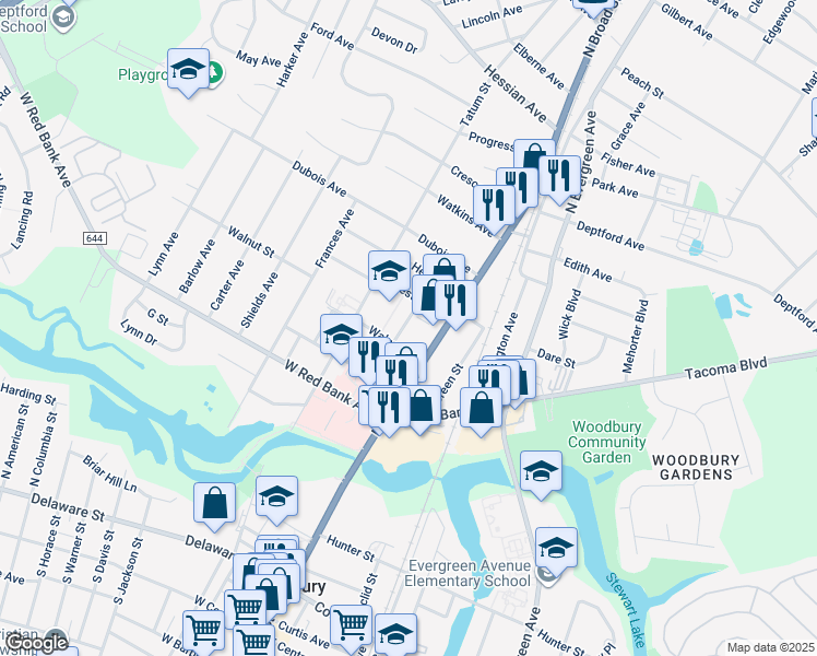 map of restaurants, bars, coffee shops, grocery stores, and more near 644 Cherry Street in Woodbury