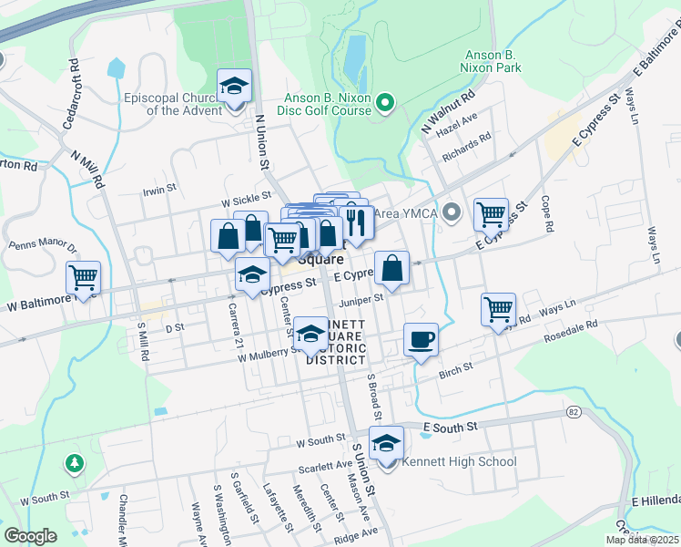 map of restaurants, bars, coffee shops, grocery stores, and more near 123 South Union Street in Kennett Square