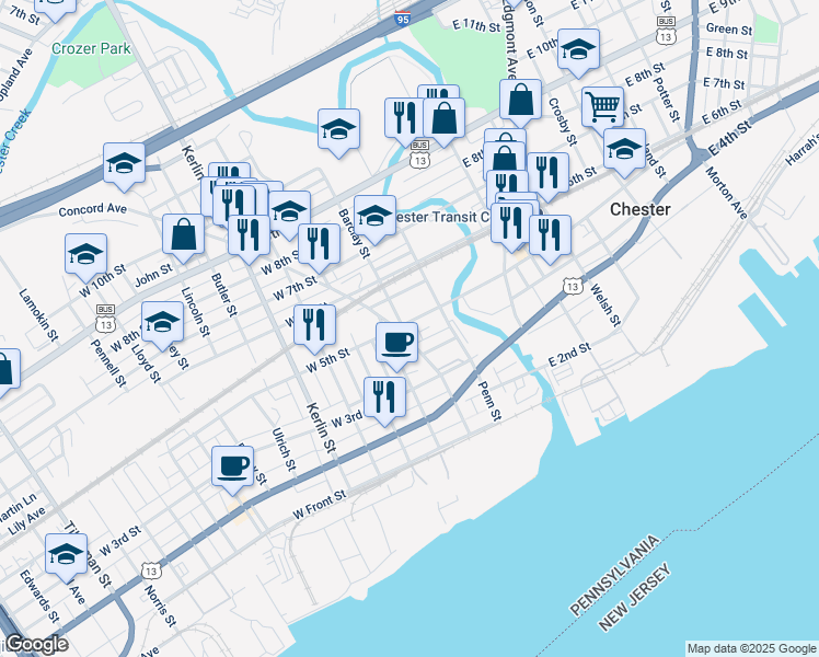 map of restaurants, bars, coffee shops, grocery stores, and more near 239 West 5th Street in Chester