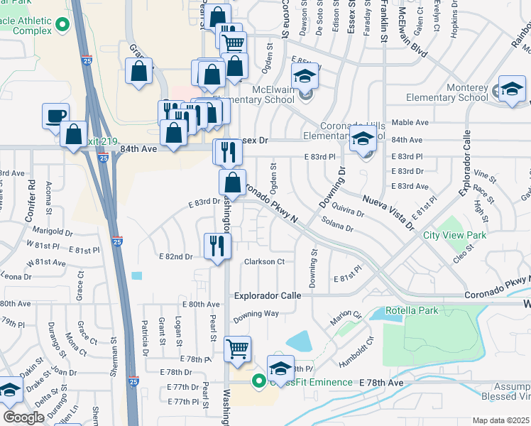 map of restaurants, bars, coffee shops, grocery stores, and more near 8260 Washington Street in Denver