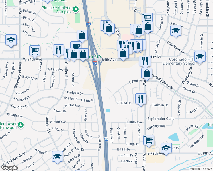 map of restaurants, bars, coffee shops, grocery stores, and more near 201 Grant Way in Denver