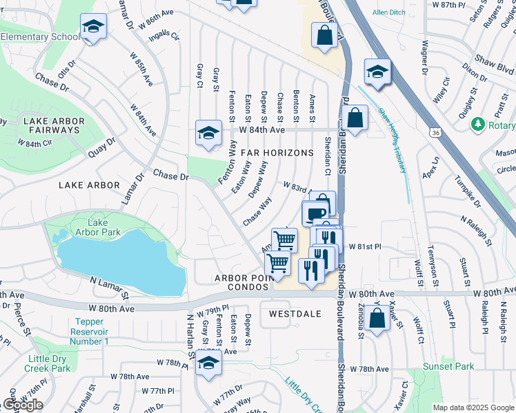 map of restaurants, bars, coffee shops, grocery stores, and more near 8201 Chase Way in Arvada