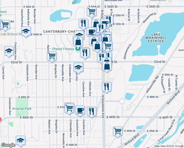 map of restaurants, bars, coffee shops, grocery stores, and more near 5121 Hillside Avenue in Indianapolis