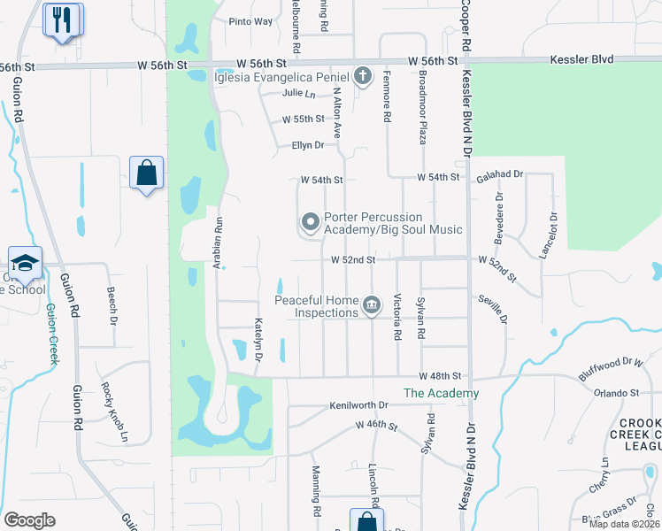 map of restaurants, bars, coffee shops, grocery stores, and more near 3419 West 52nd Street in Indianapolis