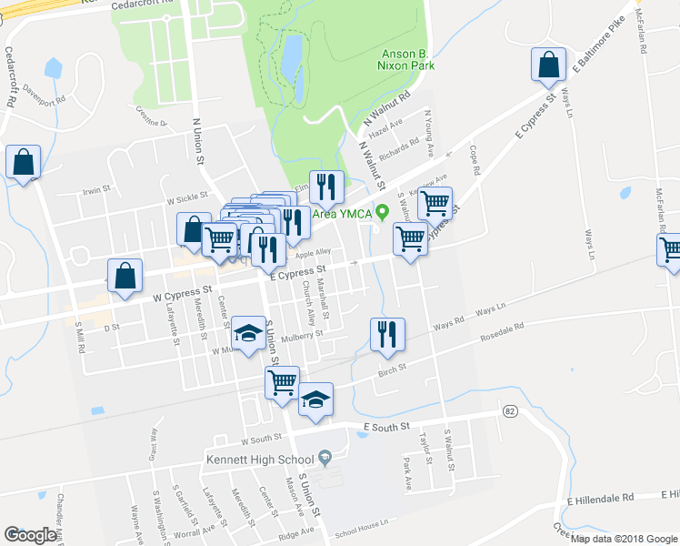 map of restaurants, bars, coffee shops, grocery stores, and more near 204 South Willow Street in Kennett Square