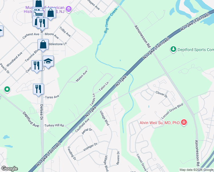 map of restaurants, bars, coffee shops, grocery stores, and more near 114 Talon Lane in Westville
