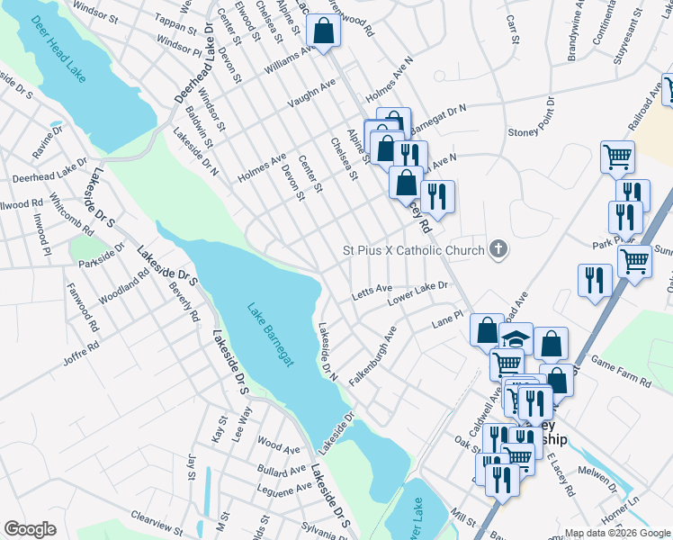 map of restaurants, bars, coffee shops, grocery stores, and more near 325 Briggs Avenue in Lacey Township