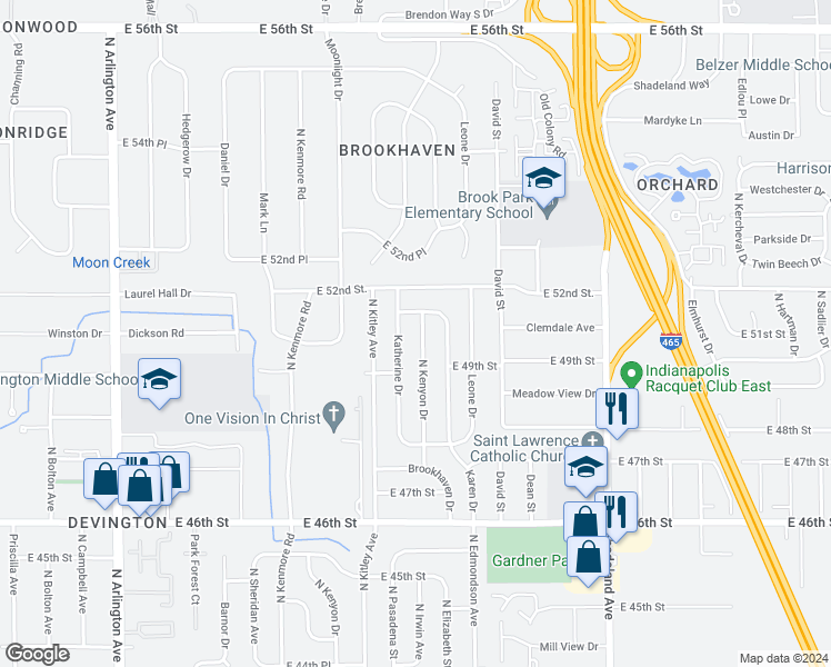 map of restaurants, bars, coffee shops, grocery stores, and more near 4934 North Kenyon Drive in Indianapolis