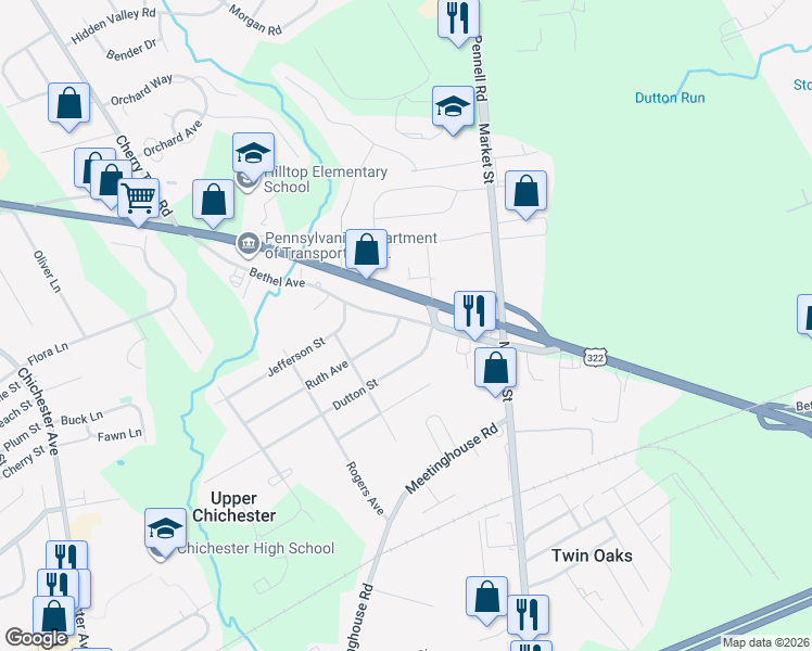 map of restaurants, bars, coffee shops, grocery stores, and more near 601 Bethel Avenue in Aston