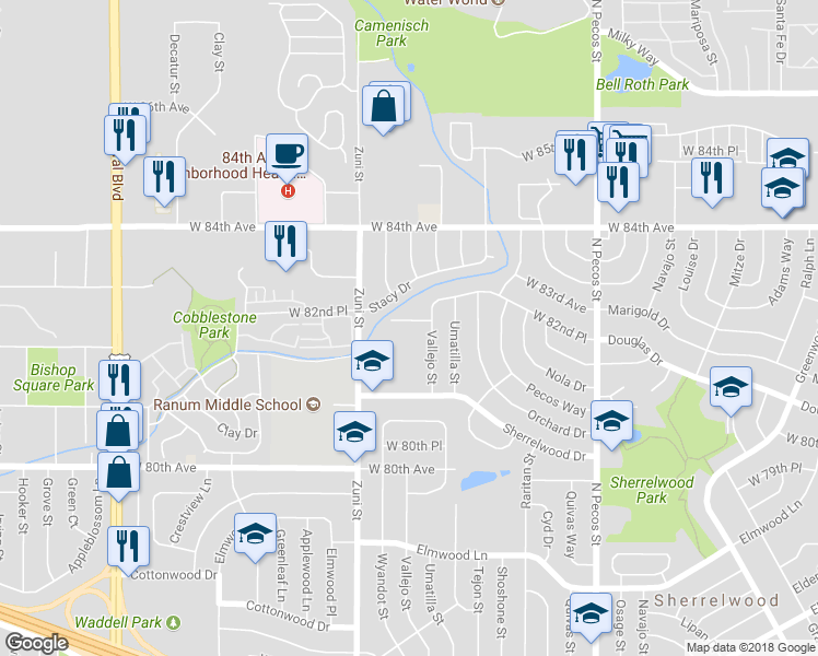 map of restaurants, bars, coffee shops, grocery stores, and more near 2220 West 82nd Place in Denver