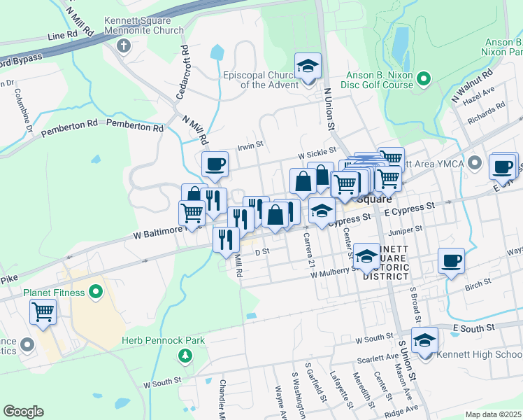 map of restaurants, bars, coffee shops, grocery stores, and more near 601 West State Street in Kennett Square