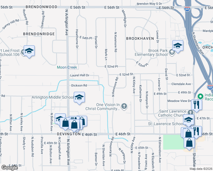 map of restaurants, bars, coffee shops, grocery stores, and more near 5030 Mark Lane in Indianapolis