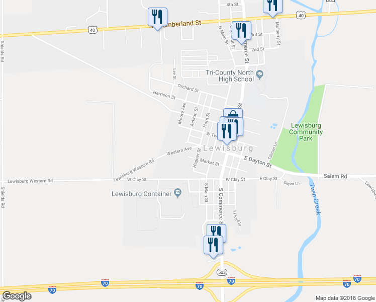 map of restaurants, bars, coffee shops, grocery stores, and more near 129 Western Avenue in Lewisburg