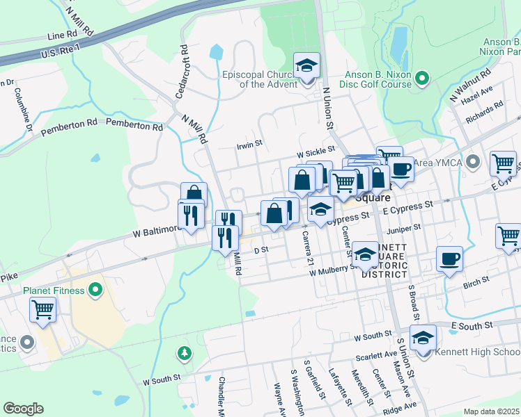map of restaurants, bars, coffee shops, grocery stores, and more near 601 West State Street in Kennett Square