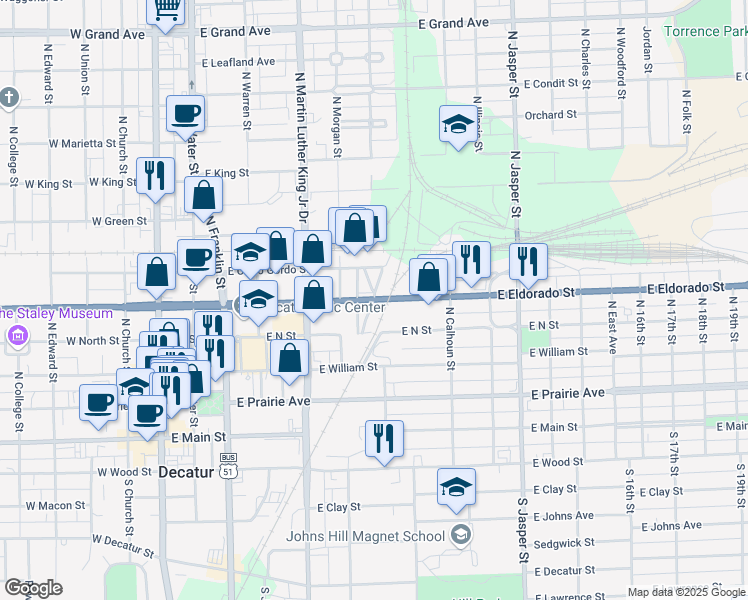 map of restaurants, bars, coffee shops, grocery stores, and more near 821 East Eldorado Street in Decatur