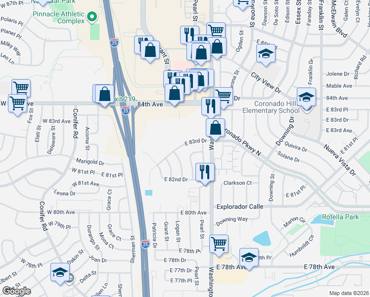 map of restaurants, bars, coffee shops, grocery stores, and more near 480 East 83rd Drive in Denver