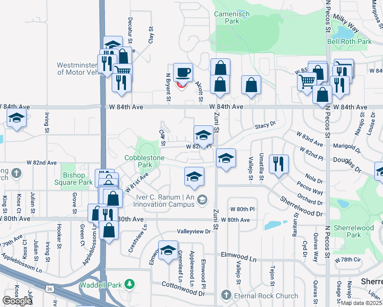 map of restaurants, bars, coffee shops, grocery stores, and more near 2552 West 82nd Lane in Westminster