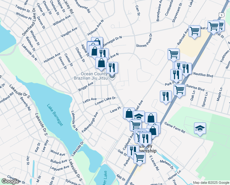 map of restaurants, bars, coffee shops, grocery stores, and more near 305 Lacey Road in Lacey Township