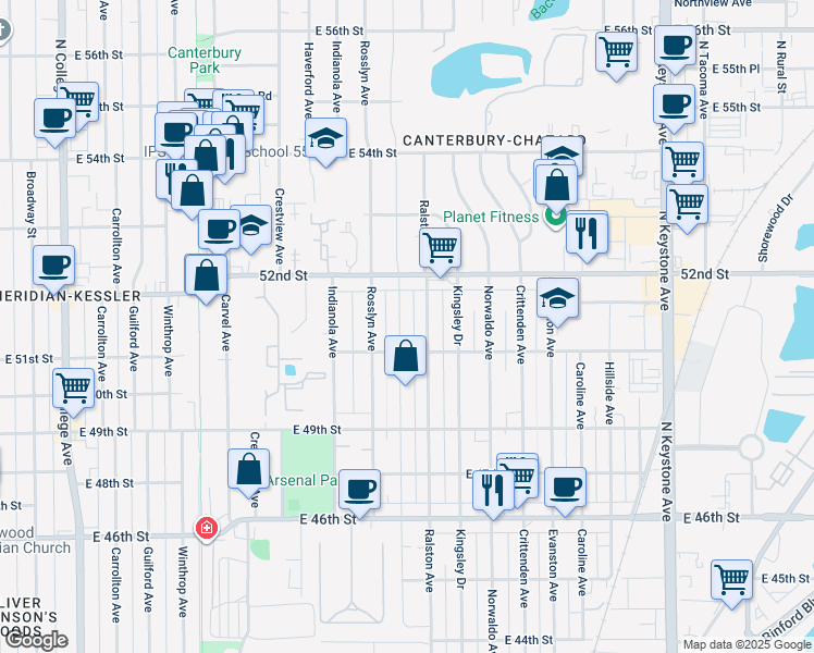 map of restaurants, bars, coffee shops, grocery stores, and more near 5128 Primrose Avenue in Indianapolis