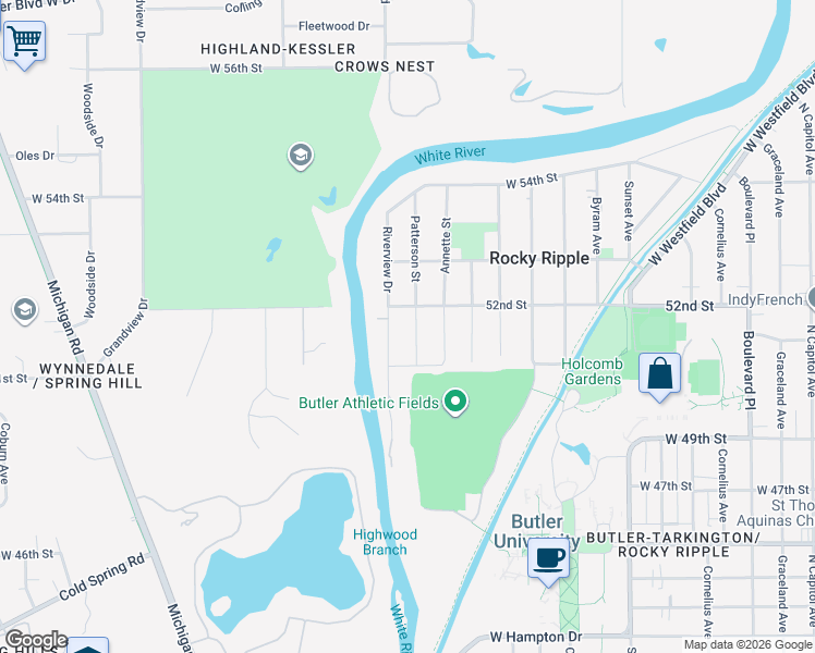 map of restaurants, bars, coffee shops, grocery stores, and more near 5135 Riverview Drive in Indianapolis