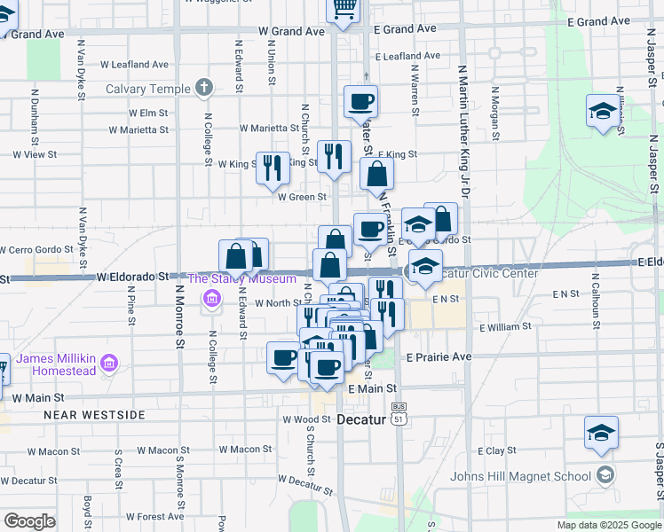 map of restaurants, bars, coffee shops, grocery stores, and more near 501 North Main Street in Decatur