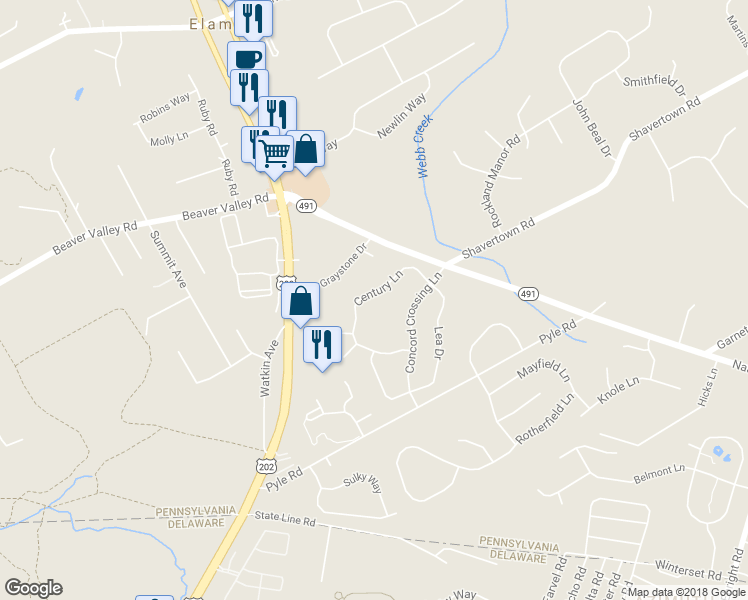 map of restaurants, bars, coffee shops, grocery stores, and more near 3802 Century Lane in Chadds Ford