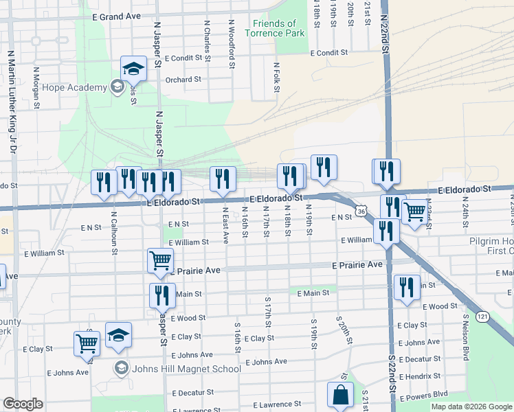 map of restaurants, bars, coffee shops, grocery stores, and more near 400-498 North 16th Street in Decatur