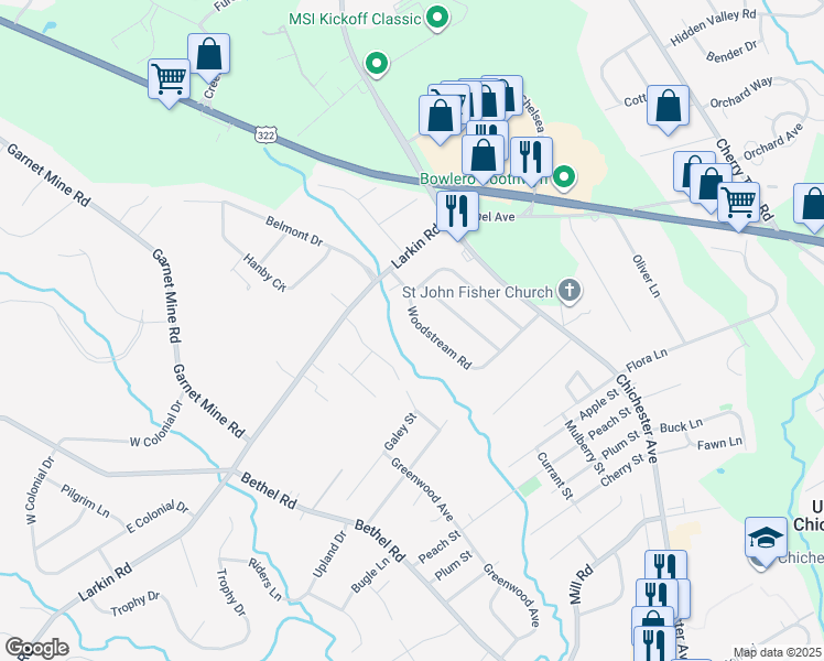 map of restaurants, bars, coffee shops, grocery stores, and more near 111 Woodstream Road in Boothwyn