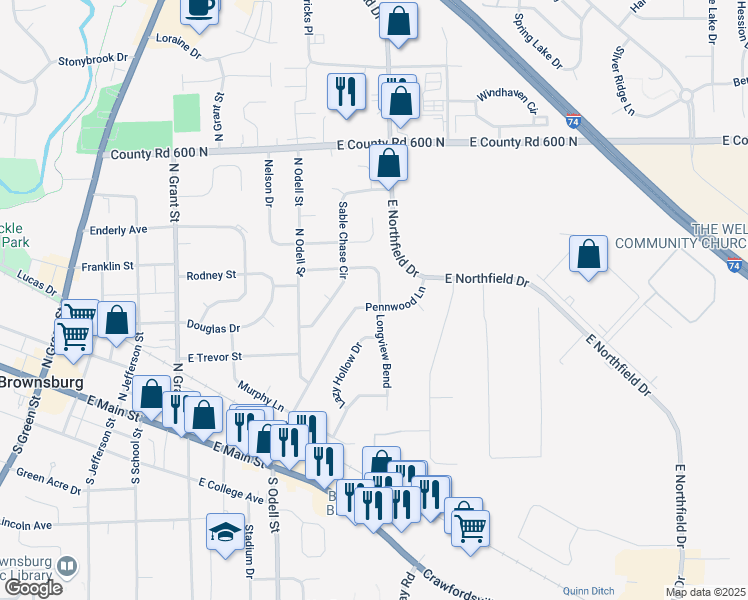 map of restaurants, bars, coffee shops, grocery stores, and more near 386 Pennwood Lane in Brownsburg