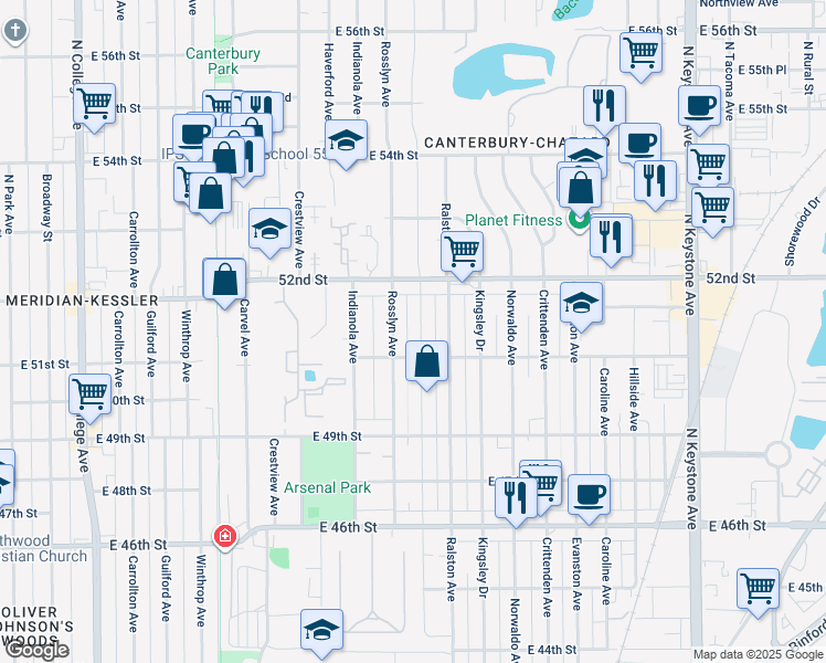 map of restaurants, bars, coffee shops, grocery stores, and more near 5128 Primrose Avenue in Indianapolis