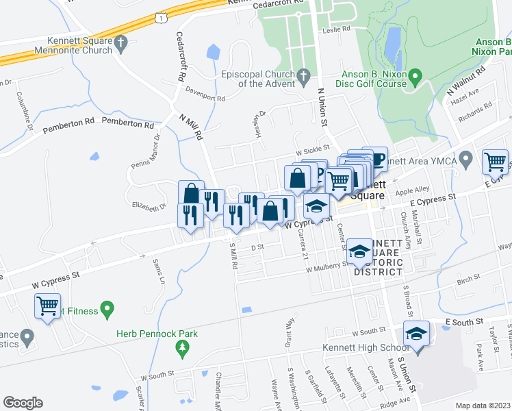 map of restaurants, bars, coffee shops, grocery stores, and more near 525 West State Street in Kennett Square