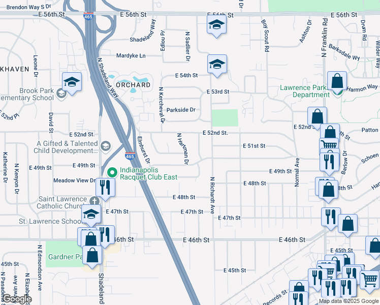 map of restaurants, bars, coffee shops, grocery stores, and more near 5105 North Hartman Drive in Indianapolis