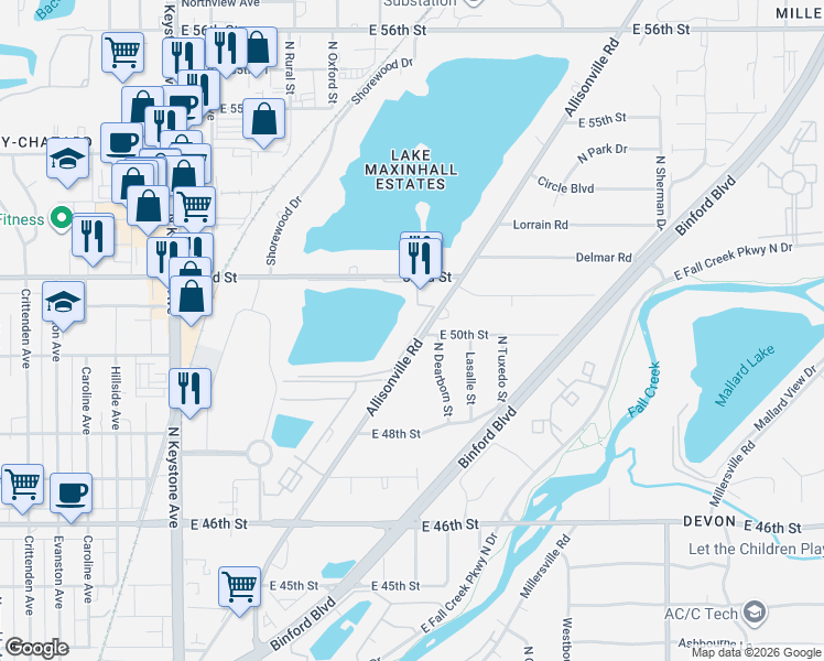 map of restaurants, bars, coffee shops, grocery stores, and more near 5016 Allisonville Road in Indianapolis