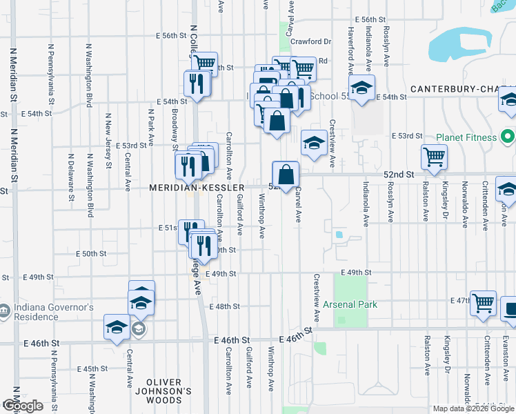 map of restaurants, bars, coffee shops, grocery stores, and more near 5132 Winthrop Avenue in Indianapolis