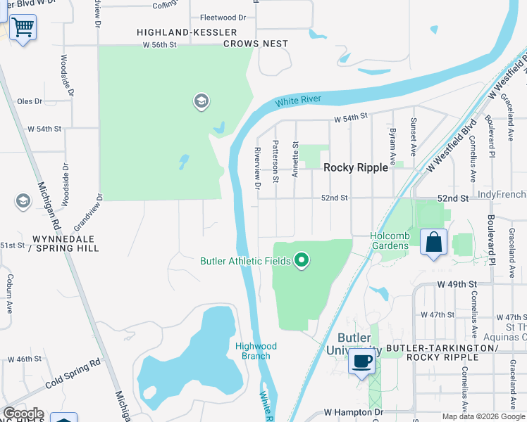 map of restaurants, bars, coffee shops, grocery stores, and more near 5135 Riverview Drive in Indianapolis