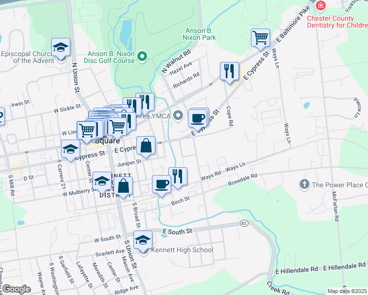 map of restaurants, bars, coffee shops, grocery stores, and more near 205 Dalmatian Street in Kennett Square