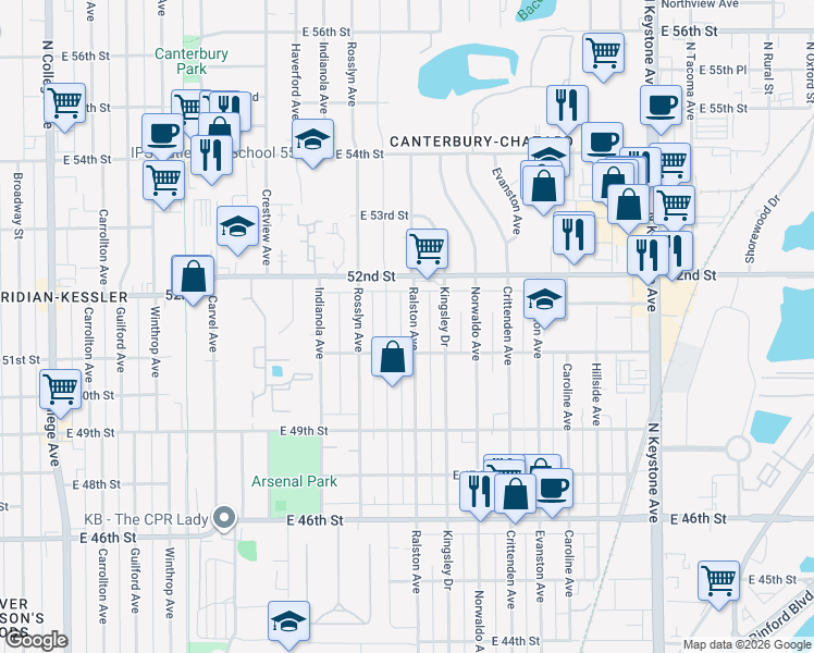 map of restaurants, bars, coffee shops, grocery stores, and more near 5126 Ralston Avenue in Indianapolis