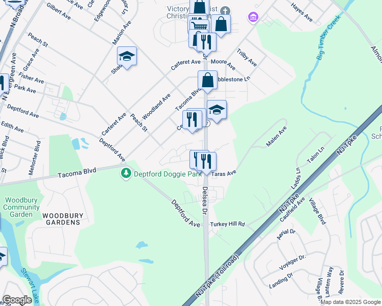map of restaurants, bars, coffee shops, grocery stores, and more near 813 Winding Way in Westville