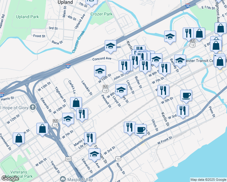 map of restaurants, bars, coffee shops, grocery stores, and more near 1022 West 8th Street in Chester