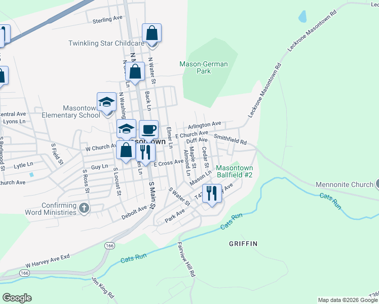 map of restaurants, bars, coffee shops, grocery stores, and more near 14 Maple St in Masontown