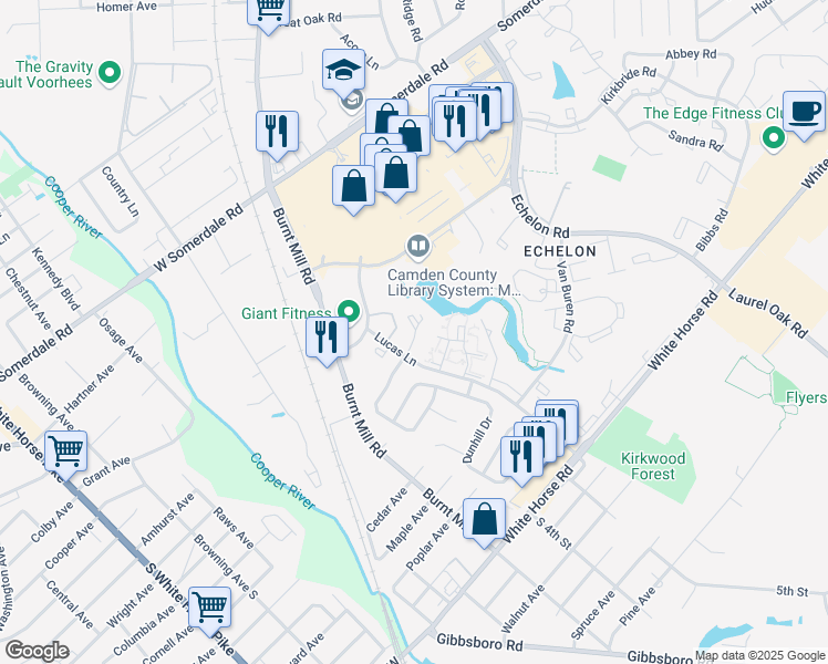 map of restaurants, bars, coffee shops, grocery stores, and more near 601 Britton Place in Voorhees Township
