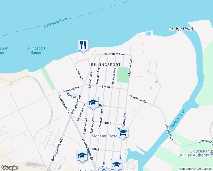 map of restaurants, bars, coffee shops, grocery stores, and more near 265 Greenwich Avenue in Paulsboro