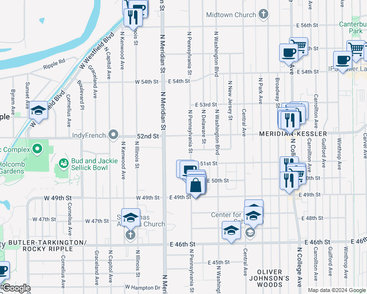 map of restaurants, bars, coffee shops, grocery stores, and more near 5130 North Pennsylvania Street in Indianapolis
