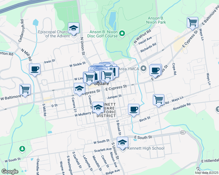 map of restaurants, bars, coffee shops, grocery stores, and more near 123 South Union Street in Kennett Square