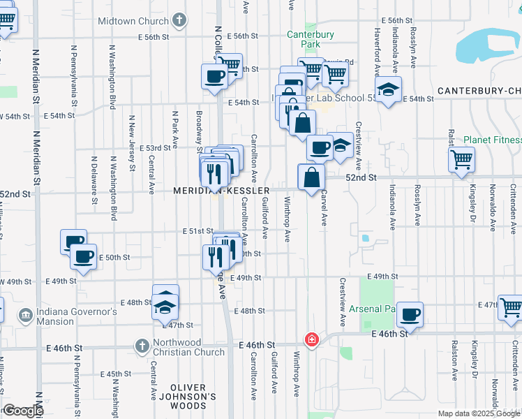 map of restaurants, bars, coffee shops, grocery stores, and more near 5138 Guilford Avenue in Indianapolis