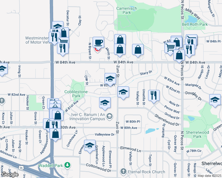 map of restaurants, bars, coffee shops, grocery stores, and more near 2430 West 82nd Place in Westminster