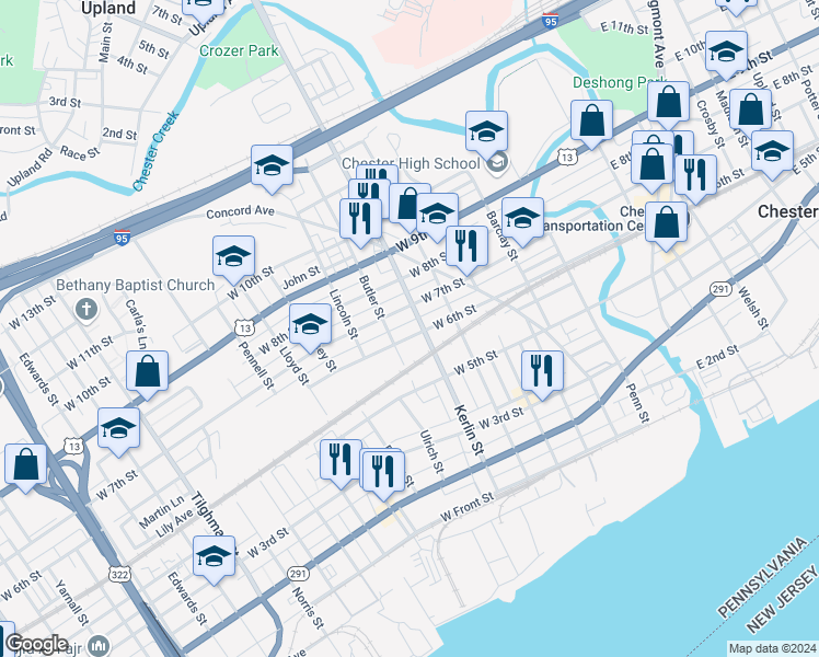 map of restaurants, bars, coffee shops, grocery stores, and more near 710 West 6th Street in Chester