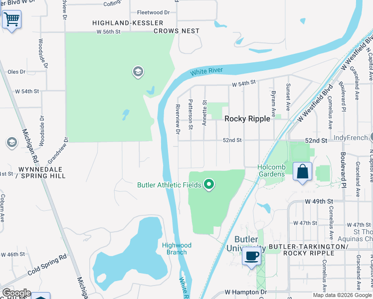 map of restaurants, bars, coffee shops, grocery stores, and more near 5135 Riverview Drive in Indianapolis
