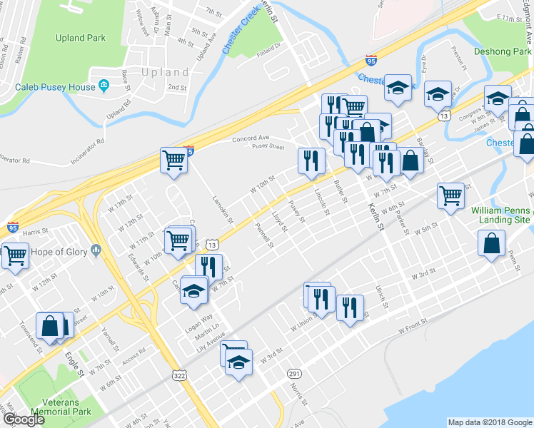 map of restaurants, bars, coffee shops, grocery stores, and more near 1109 West 9th Street in Chester